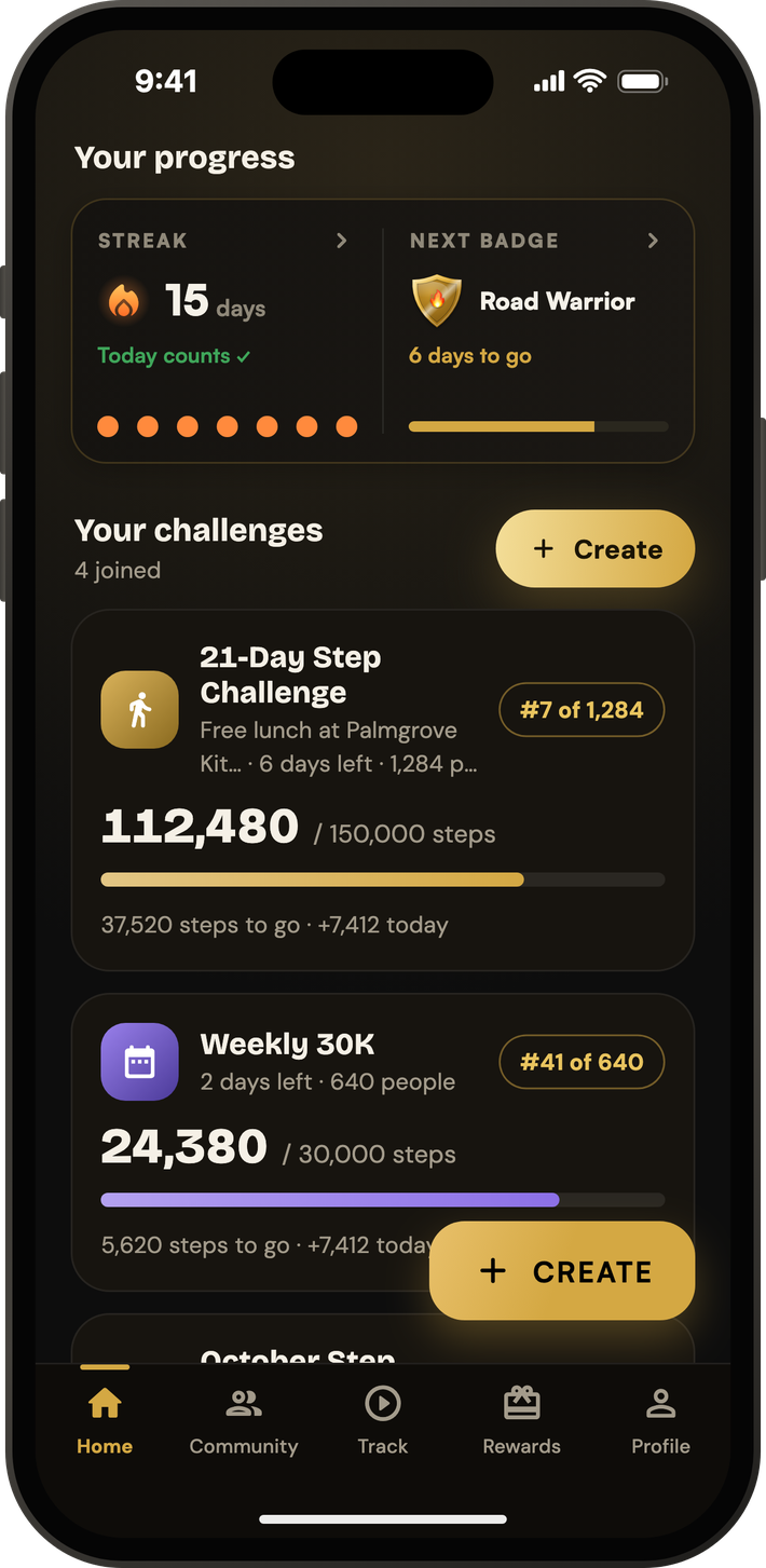 Doer home screen showing a 15 day streak, the next badge, and joined challenges with step progress