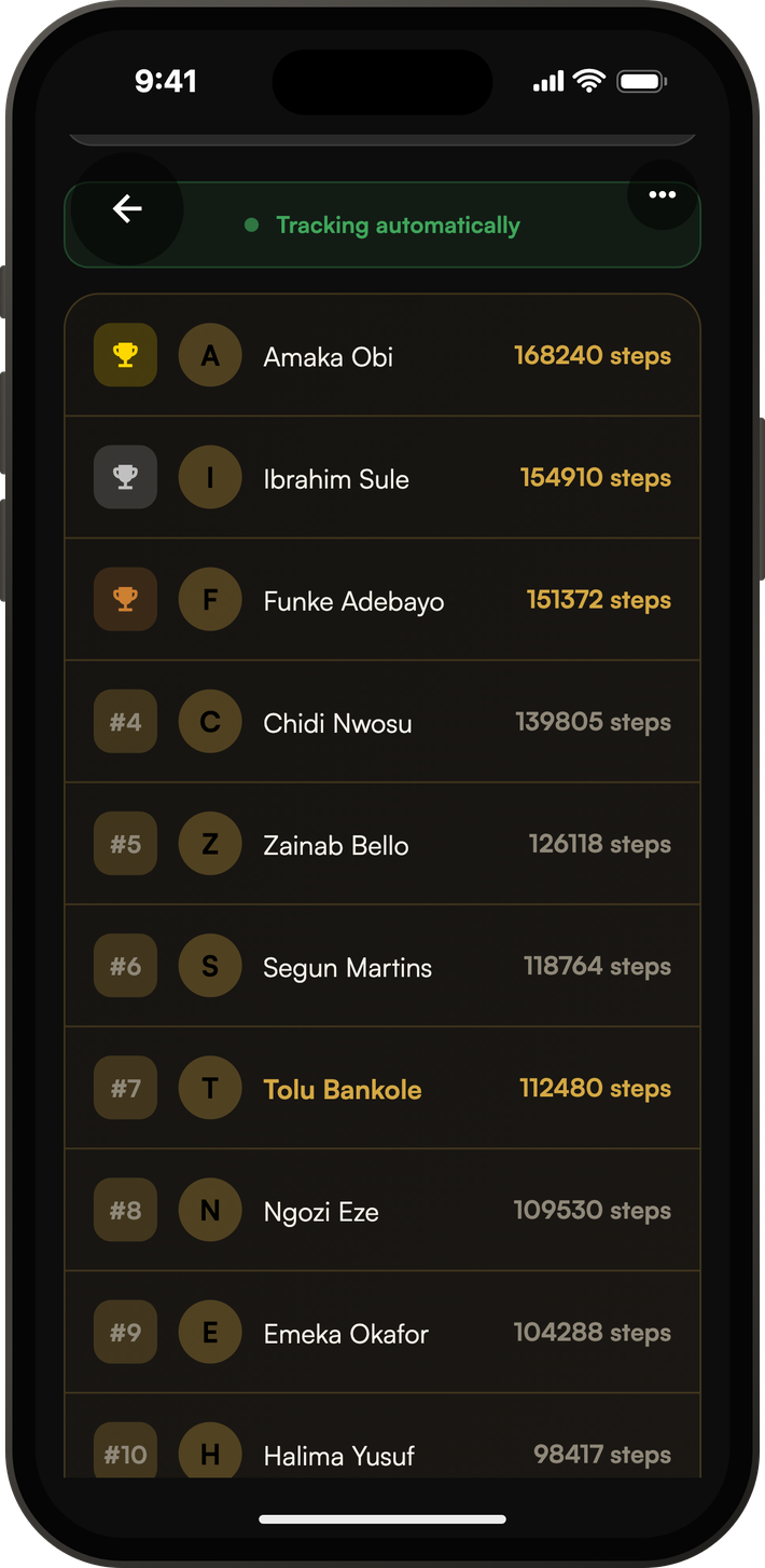Doer challenge leaderboard ranking walkers by total steps